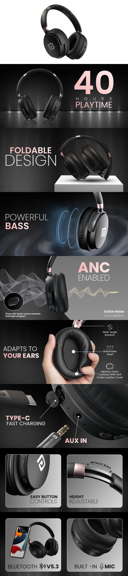 Portronics Muffs M3 ANC Bluetooth headphones feature overview